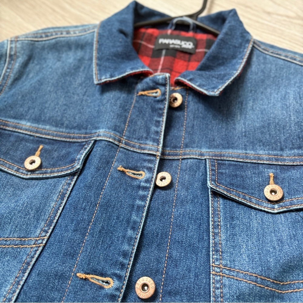 Parasuco Jeans Denim Jacket Red Black Plaid Lined Double Fleece lining Size L